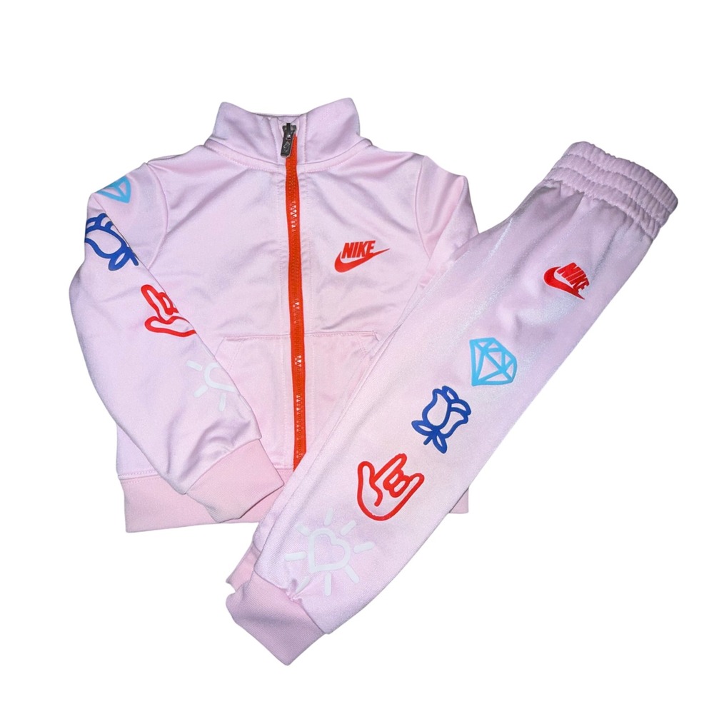 Nike Tracksuit Kids 2T Pink Graphic Zip Jacket Joggers Set Sporty Streetwear